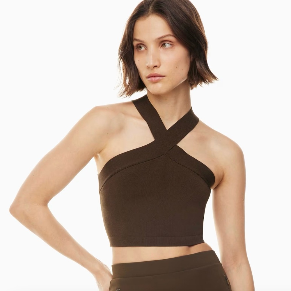 Aritzia Babaton Sculpt Knit Brown Cross Cropped Halter Top Size XXS